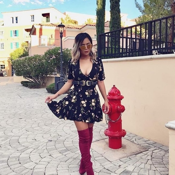 Floral Black V Neck Dress Summer Boho - Picture 3 of 8